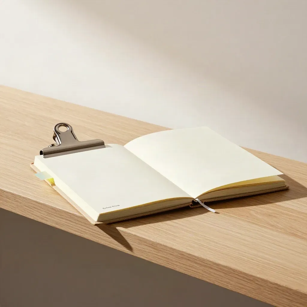 Planner z zakładkami i notatnik na jasnej dębowej półce, minimalistyczny kadr.